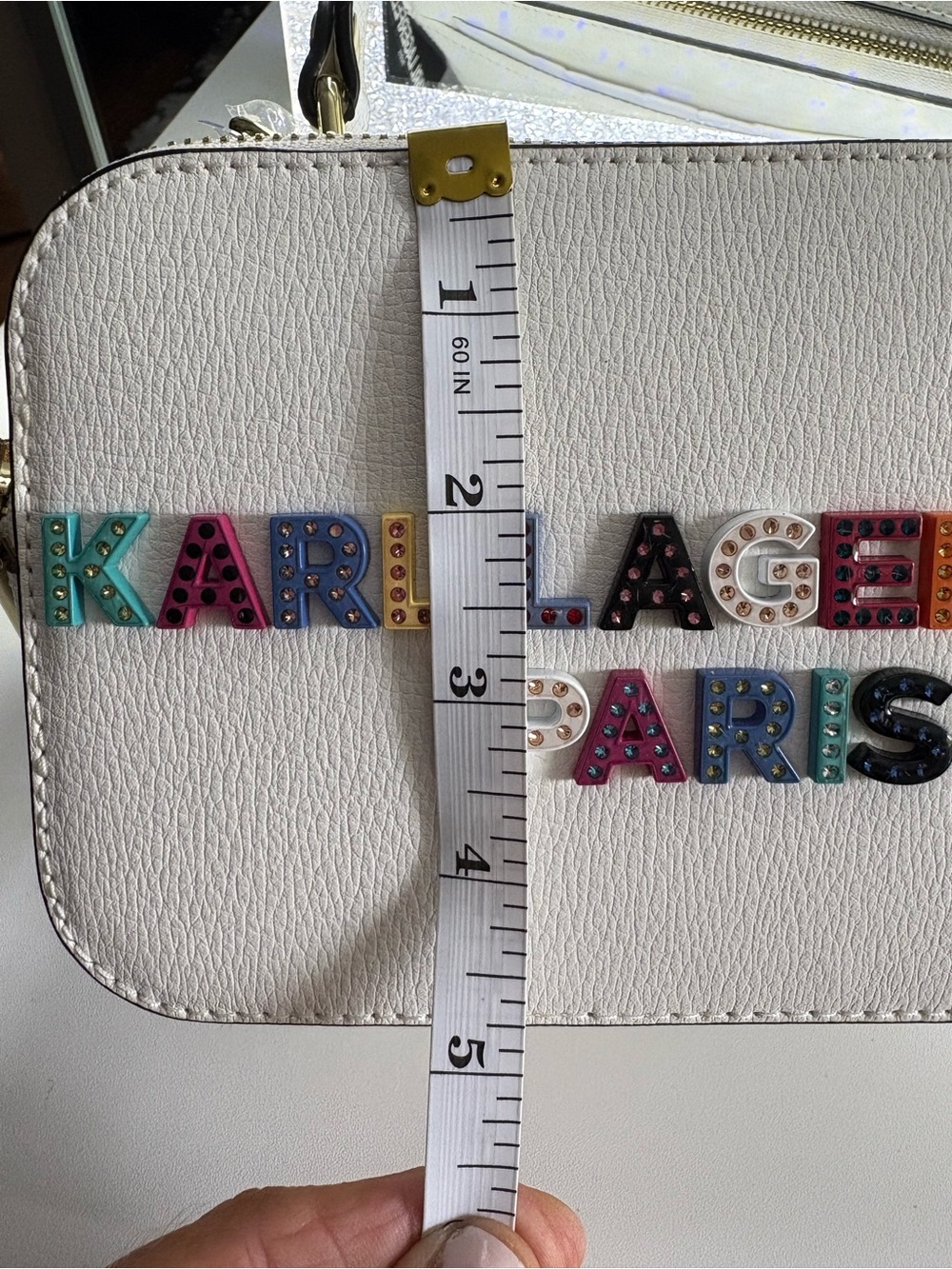 Karl Lagerfeld White Camera Bag with Multicolor Logo and Patterned Strap - Picture 6 of 9